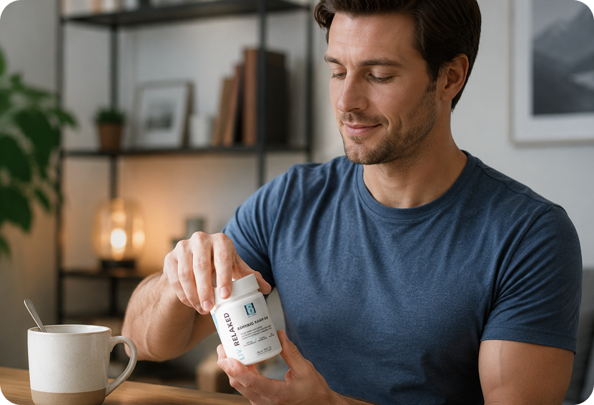 Woman in pajamas holding RELAXED supplement bottle
