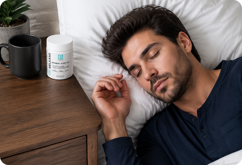 Woman sleeping peacefully with RELAXED on nightstand