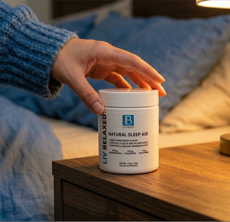Woman sleeping peacefully with LIV Relaxed natural sleep aid on nightstand