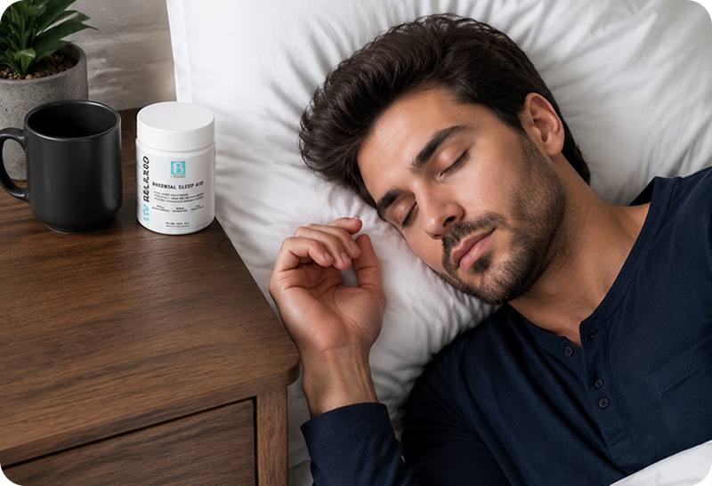 Woman sleeping peacefully with RELAXED on nightstand